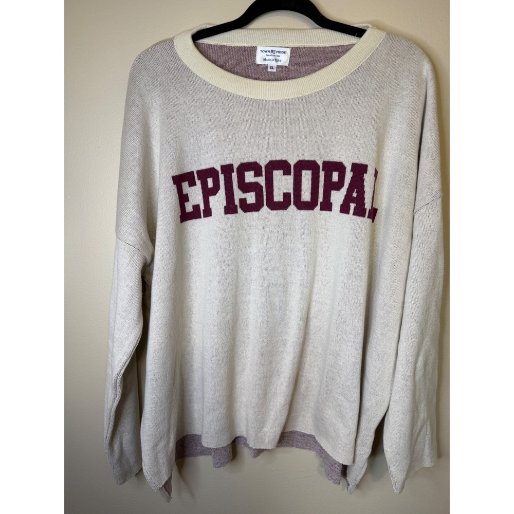 Town Pride Episcopal Sweater XL Cream Burgundy USA Knit Oversized Crewneck
